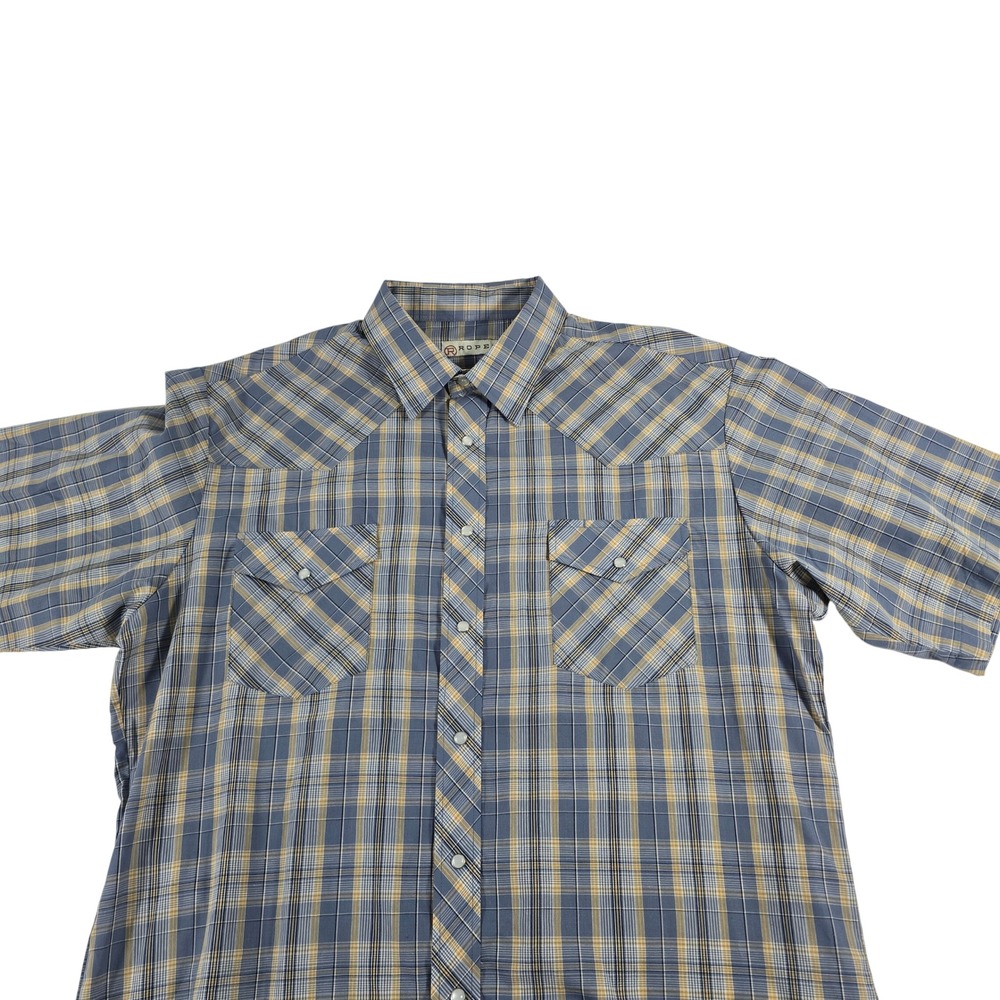 Roper Mens XL Blue Yellow Plaid Short Sleeve Western Pearl Snap Shirt